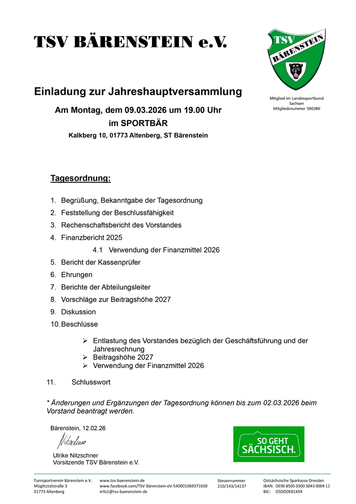 Jahreshauptversammlung des TSV Bärenstein 2026